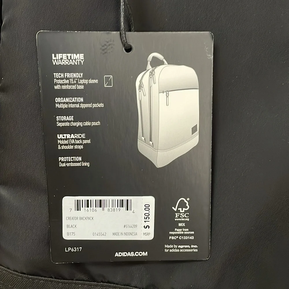 Adidas Creator backpack. Black. Tech friendly with laptop sleeve. New with tags. - Picture 4 of 12